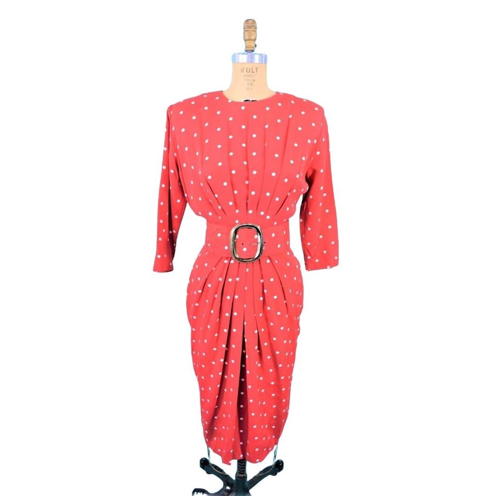 Vintage 1980s Wiggle Dress 50s Style Red Polka Dot Pinup Hourglass W 27"